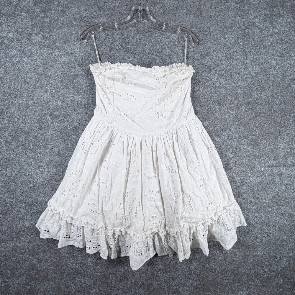 Forever That Girl Sundress Womens Medium White Cotton Eyelet Ruffled Hem Smocked